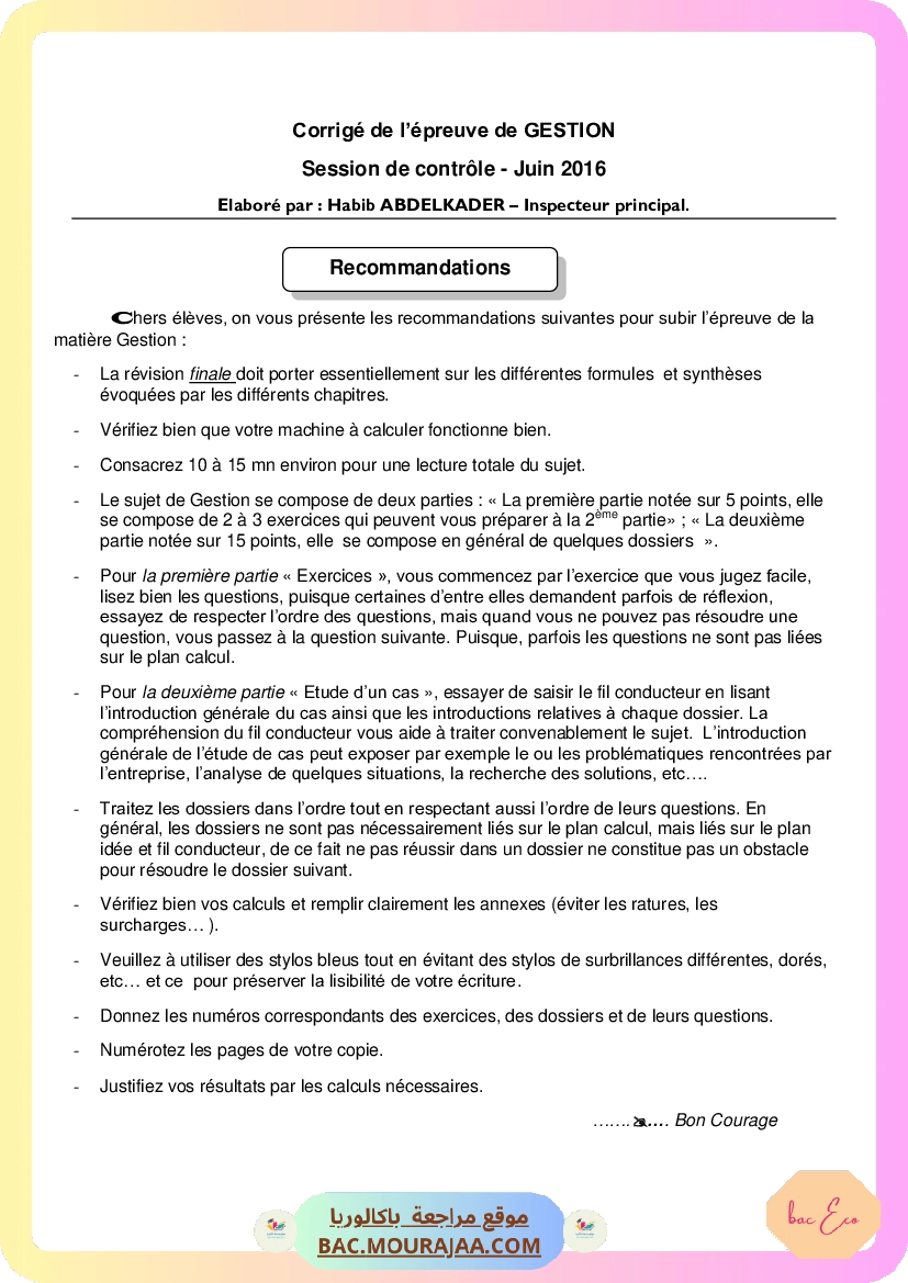 Corrigé controle gestion Bac 2016 – Section eco